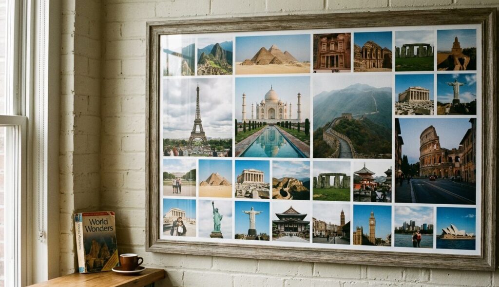 The 32 most famous landmarks in the world collage featuring Eiffel Tower, Taj Mahal, Great Wall and Colosseum