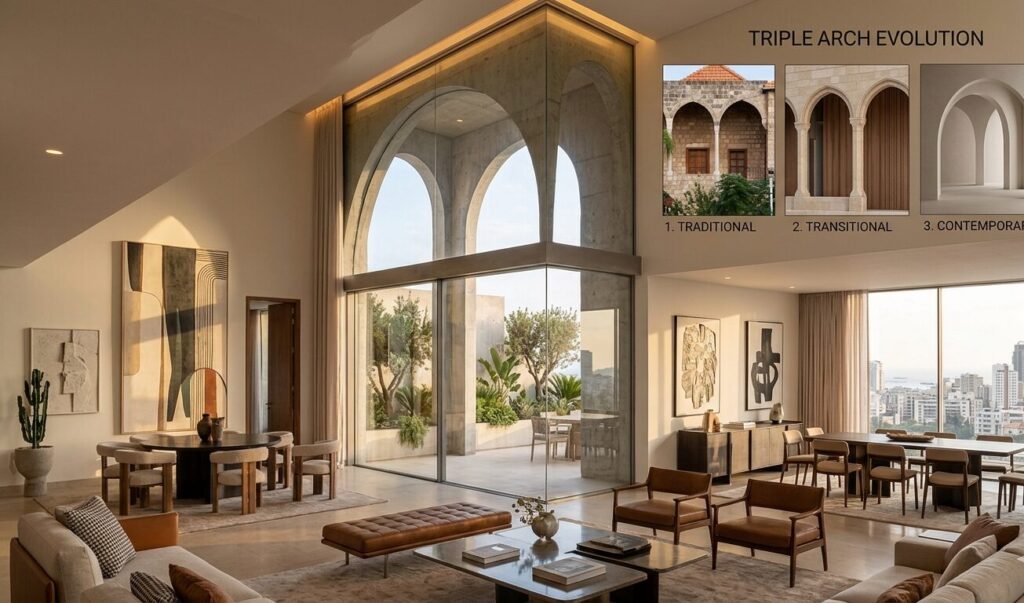 Modern interpretation of the Lebanese Triple Arch in a contemporary Beirut villa decor, showing triple arch evolution