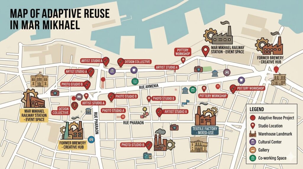 Map of adaptive reuse in Mar Mikhael featuring studio locations and warehouse landmarks