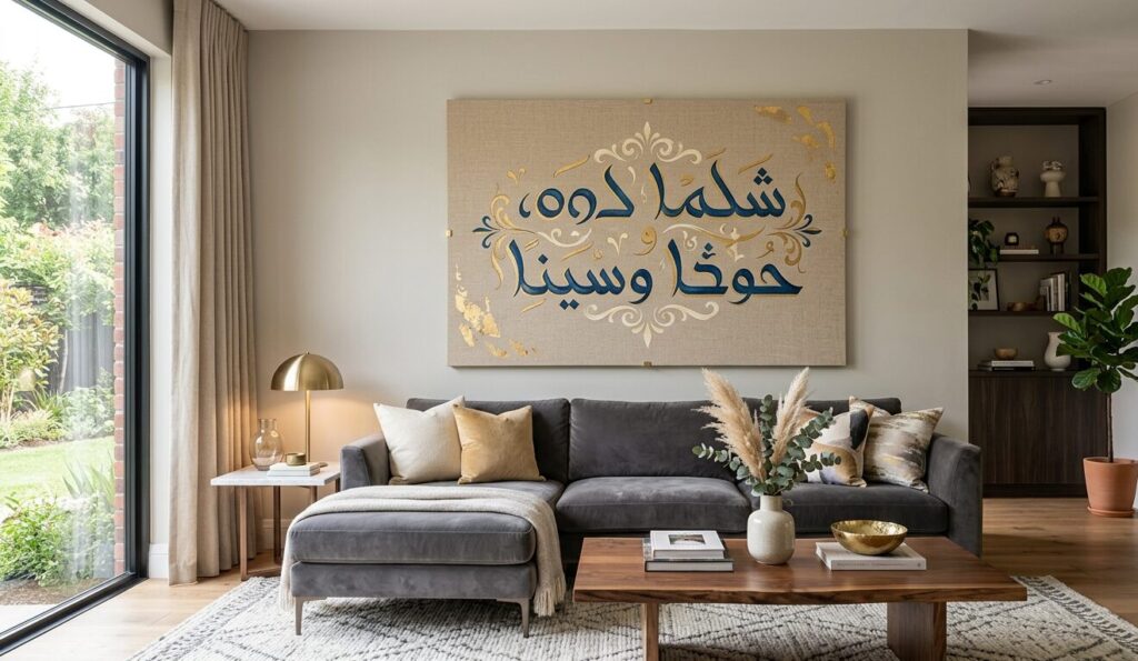 Aramaic calligraphy in art as modern wall decor on linen canvas in a luxury living room
