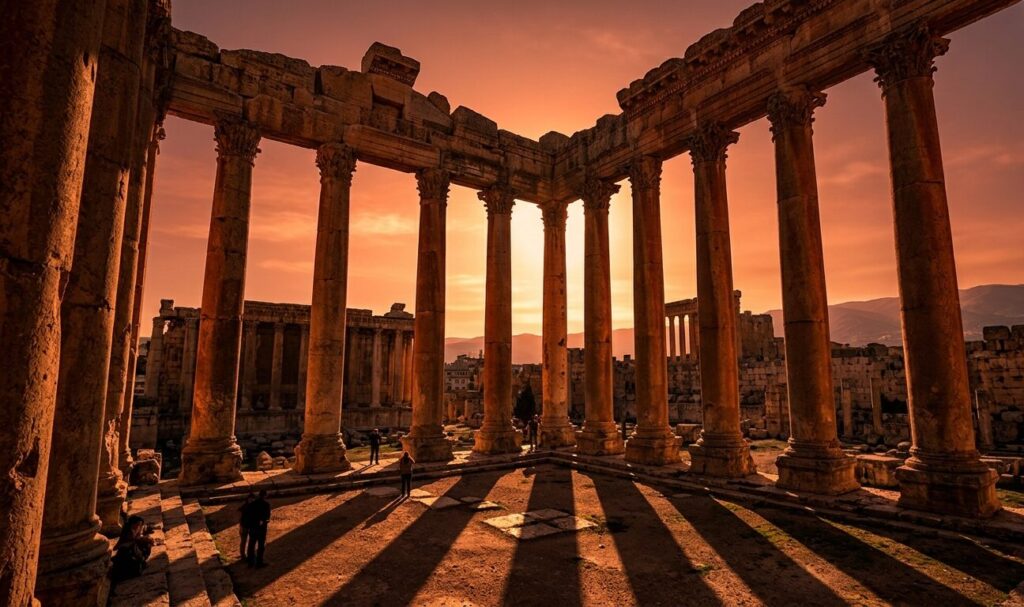 Baalbek at Sunset – the world’s most photogenic Roman site during golden hour Baalbek at Sunset casting long shadows over Temple of Bacchus columns, most photogenic Roman site