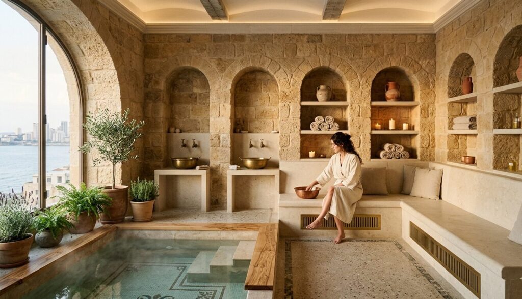 Bathrooms of the Roman Baths inspire a modern spa layout with heated limestone benches and arched niches in Beirut apartment
