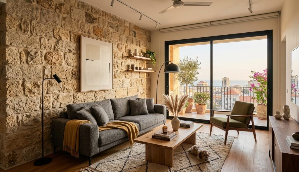 Beirut Apartment Decor with Lebanese Limestone Interior of a Beirut apartment featuring raw Levantine Stone walls and modern furniture