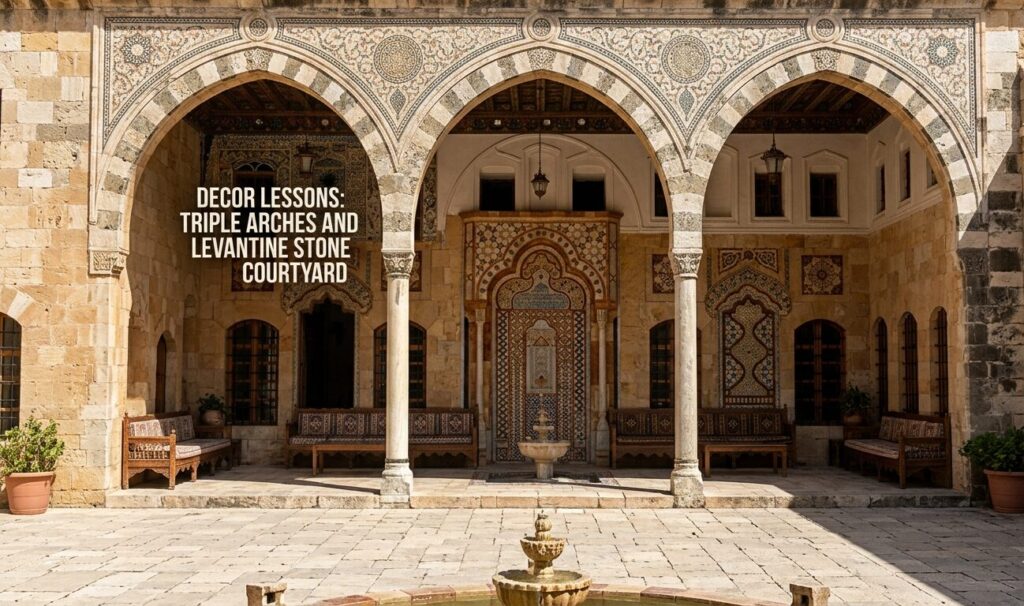 Beiteddine Palace decor lessons: emblematic triple arcade in the main courtyard, Chouf, Lebanon Beiteddine Palace decor lessons: triple arches and Levantine stone courtyard in Emir Bashir residence