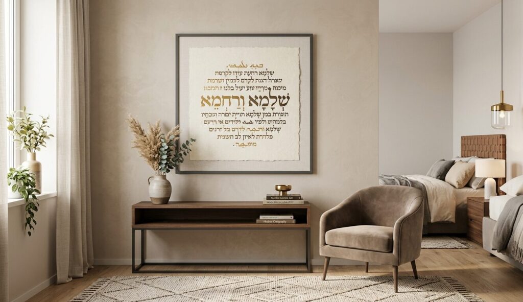Boutique hotel featuring Aramaic calligraphy in art as statement wall decor Aramaic calligraphy art piece inside a boutique hotel room, modern wall decor with neutral tones