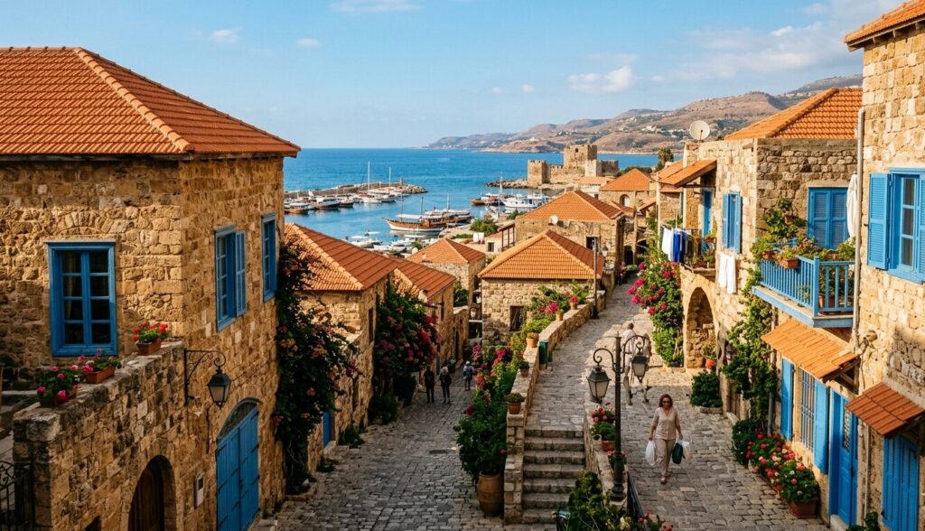 Byblos earthy palette decor: ancient stone houses with terracotta roofs and Mediterranean blues