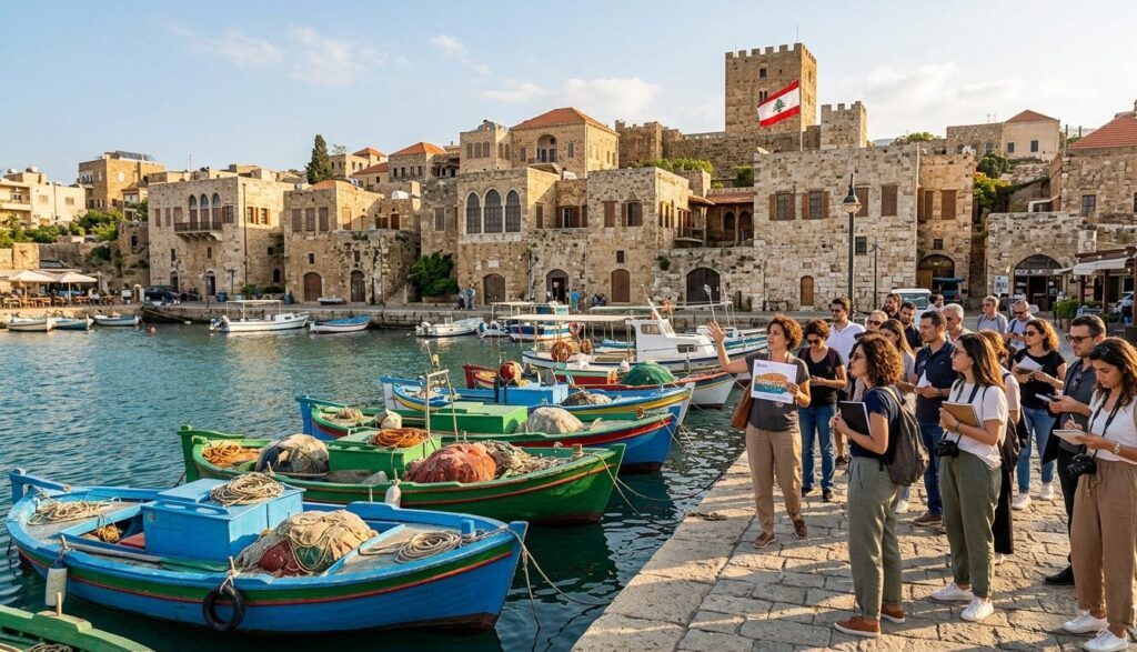 Byblos port colorful fishing boats and stone houses during design tour