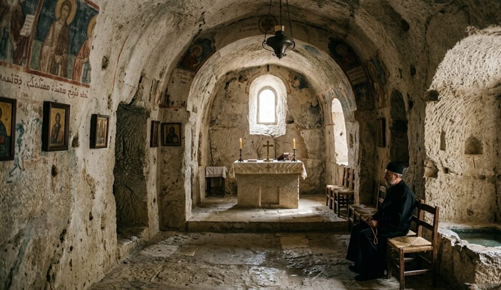 Interior of rock-hewn chapel in Holy Valley Qadisha architecture with stone altar and small arched windows