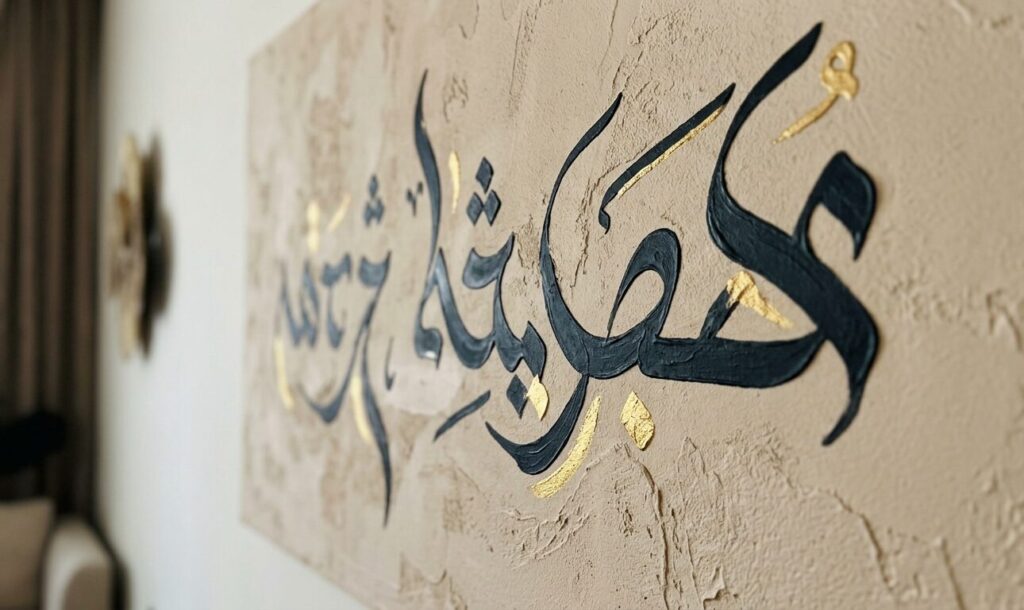 Close-up Aramaic calligraphy on minimalist wall decor Close-up of Aramaic calligraphy in art painted on beige plaster, modern wall decor example