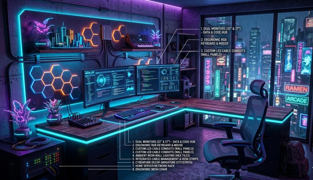 Cyberpunk office setup schemes design inspiration for modern homes