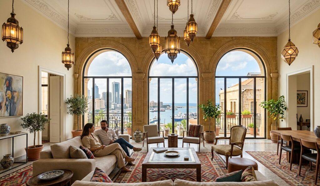 Decor trend: Beirut high ceilings 2026 preserves Ottoman character Beirut high ceilings 2026 decor with Ottoman arched windows and hanging lanterns