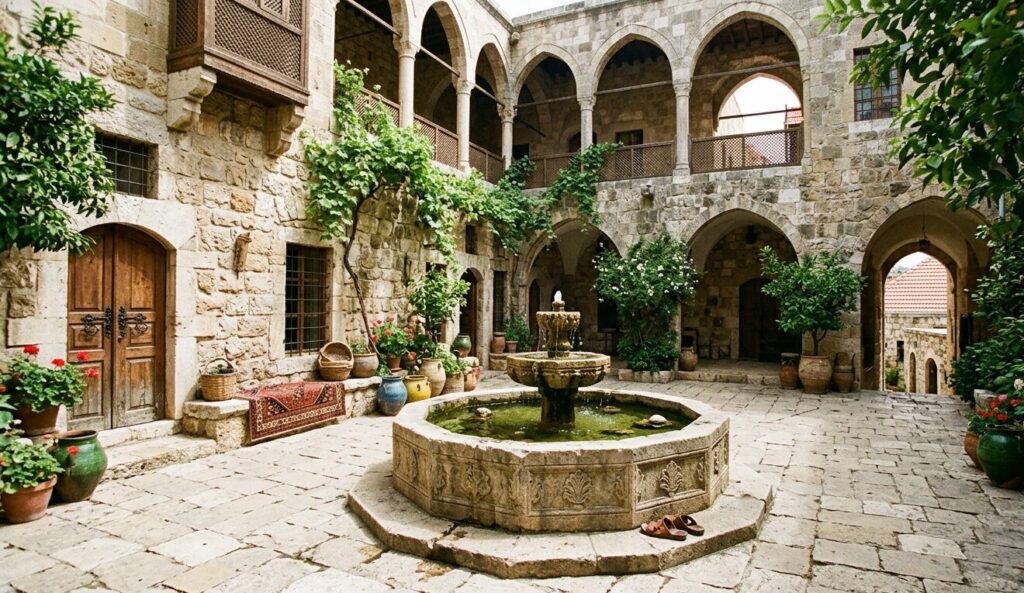 Courtyard decor in Designer’s Capital Deir el Qamar with stone masonry and fountain