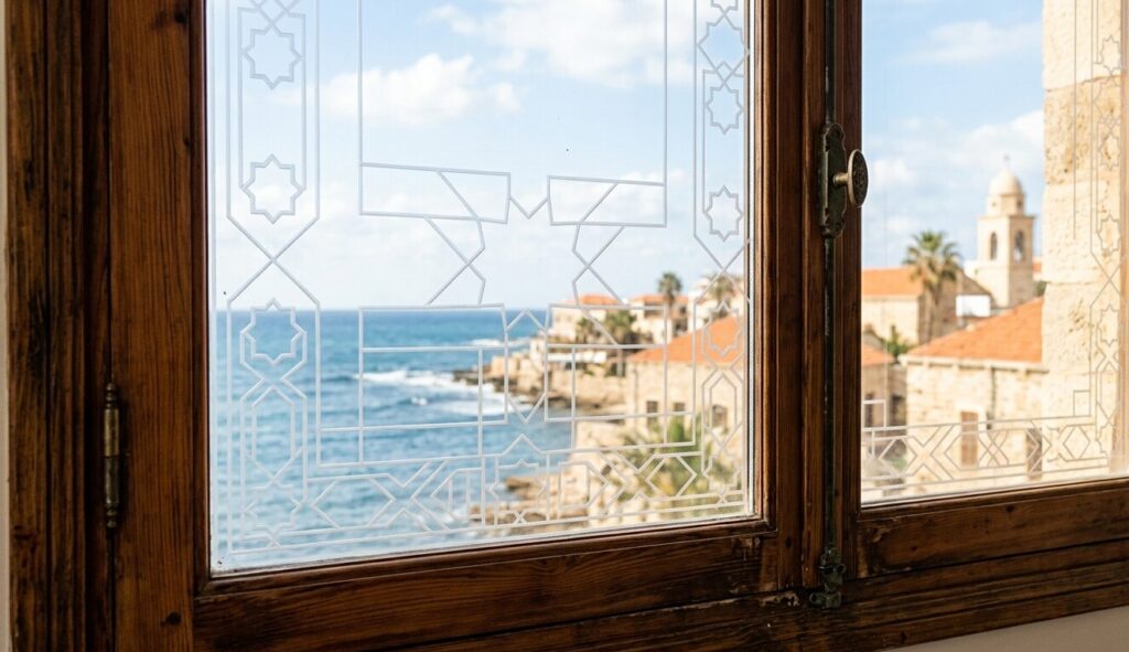 Close-up of modernized Lebanese window glass with geometric etched patterns