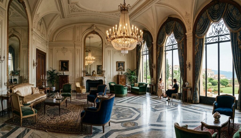 French Mandate Chic Salon in a restored Beirut mansion French Mandate Chic interior of a Beirut palace showcasing marble floors, high arched windows and Parisian chandelier
