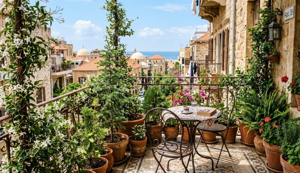 Lush Lebanese Balcony filled with jasmine and cedar plants, terracotta pots, small bistro table