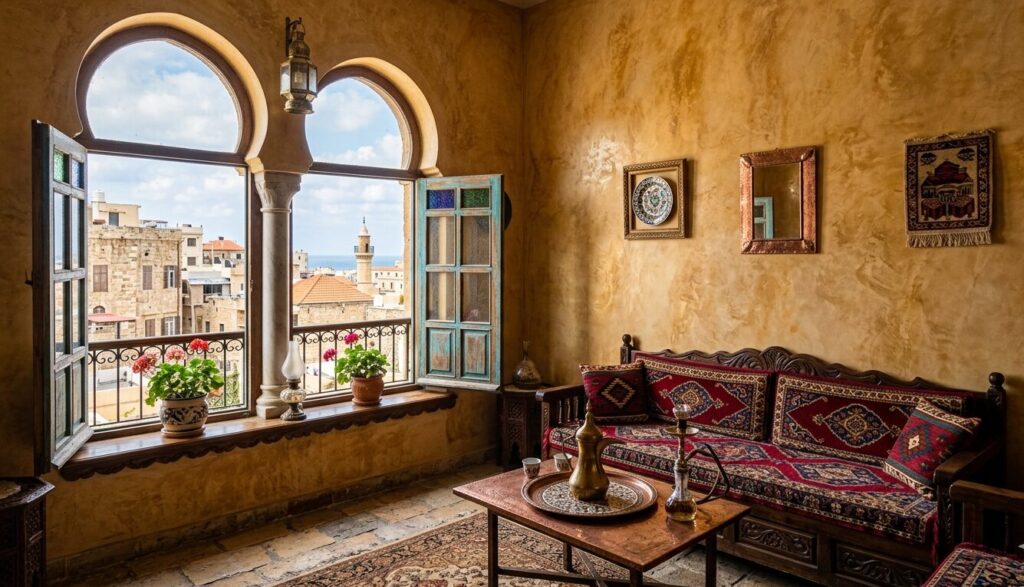 Heritage Venetian plaster in Lebanese homes revival Venetian plaster in Lebanese homes - warm ochre textured wall with arched window, Beirut traditional decor