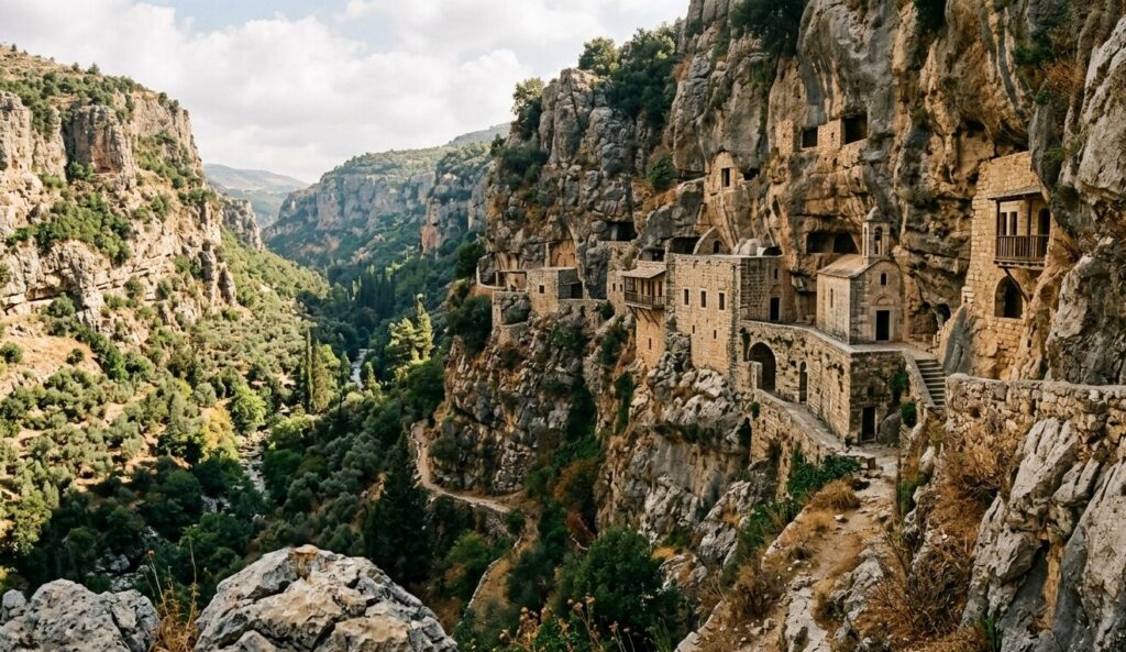 Holy Valley Qadisha architecture carved into cliffs showing ancient monastic cave dwellings in Lebanon