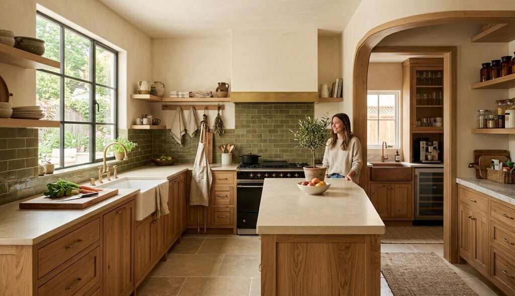 Kitchen Trends 2026 Natural Wood Kitchen trends 2026 natural wood cabinetry with earth tones and butler's pantry in a warm, light-filled home