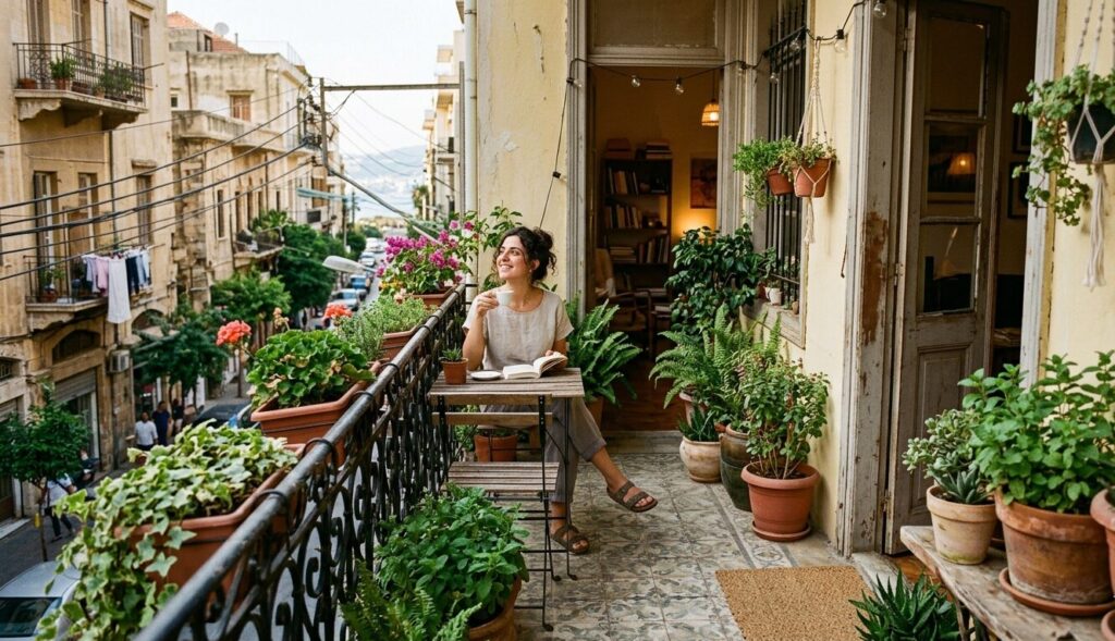 Stylish Lebanese Balcony with wrought iron details and potted plants in Beirut apartment