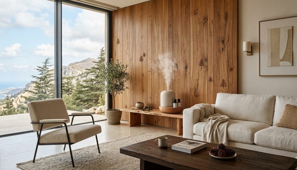 Lebanese cedar scent wood wall panels and scent diffuser in a luxury minimalist living room, sensory interior design