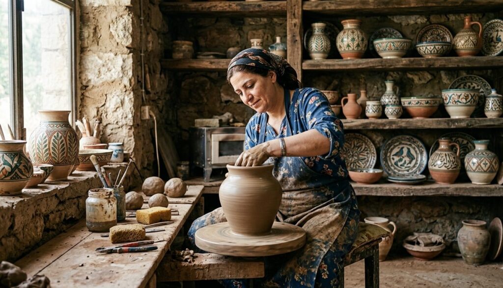 Lebanese Handmade Ceramic Studio – Support Local Craft Lebanese handmade decor pottery workshop with artisan shaping clay vessel, traditional patterns on shelves