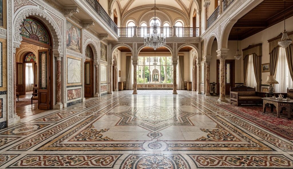 Palatial flooring showcasing intricate Lebanese marble and mosaic patterns in a historic Beirut palace