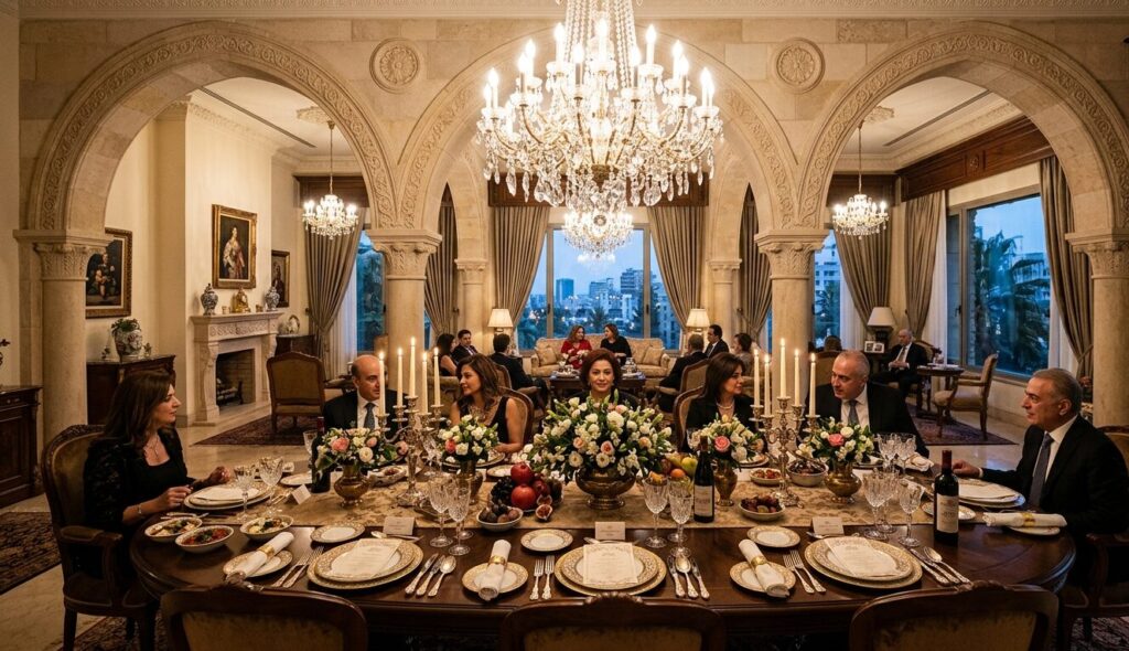Levant dining room formal Sallon with limestone arches and ornate table setting, Beirut 2026 style