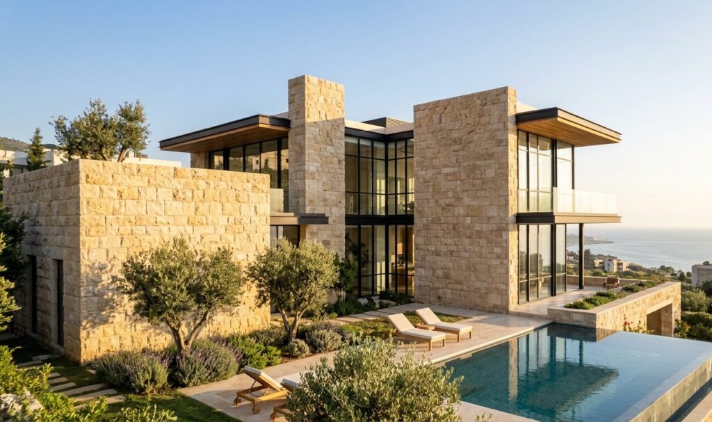 Levantine Stone used in a luxurious modern villa exterior in Lebanon showcasing warm beige Lebanese limestone blocks