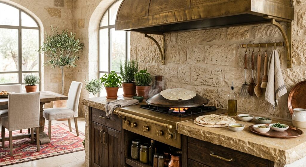 Brass and Levantine stone textures for modernizing the Saj Station in a luxury home