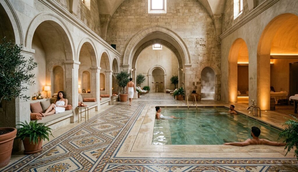 Mosaic details from Roman Berytus recreated in a contemporary hammam Modern spa layout Beirut inspired by Roman Baths, featuring arched alcoves and mosaic floor