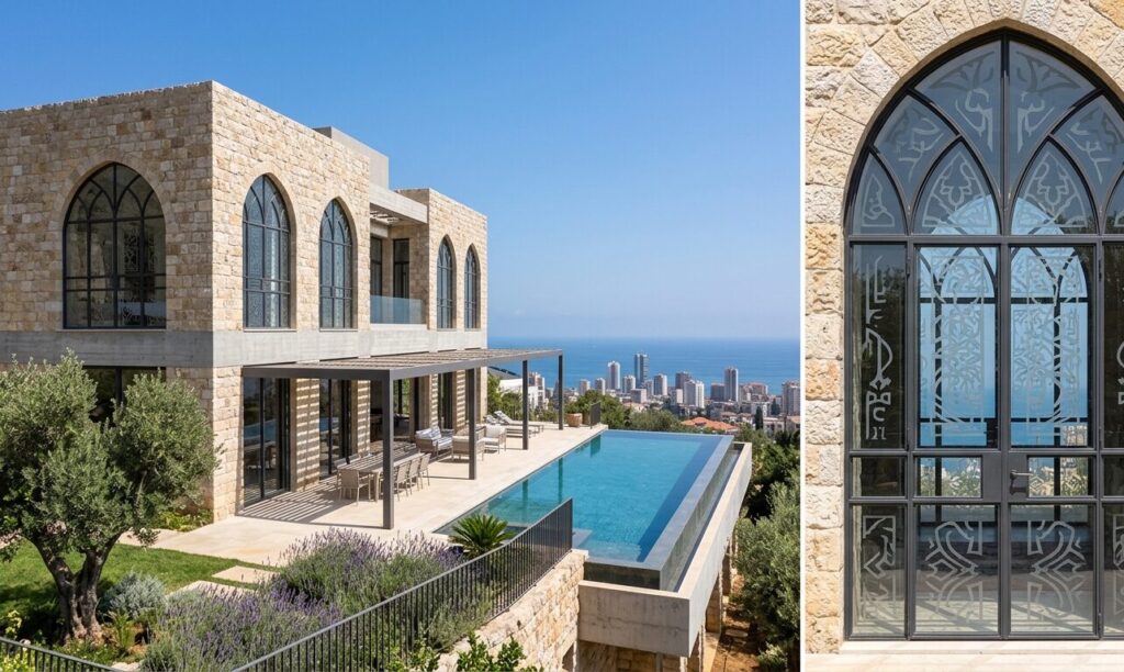 Modernizing the Mandalon - a contemporary Lebanese villa featuring reimagined traditional arched windows with steel frames and etched glass