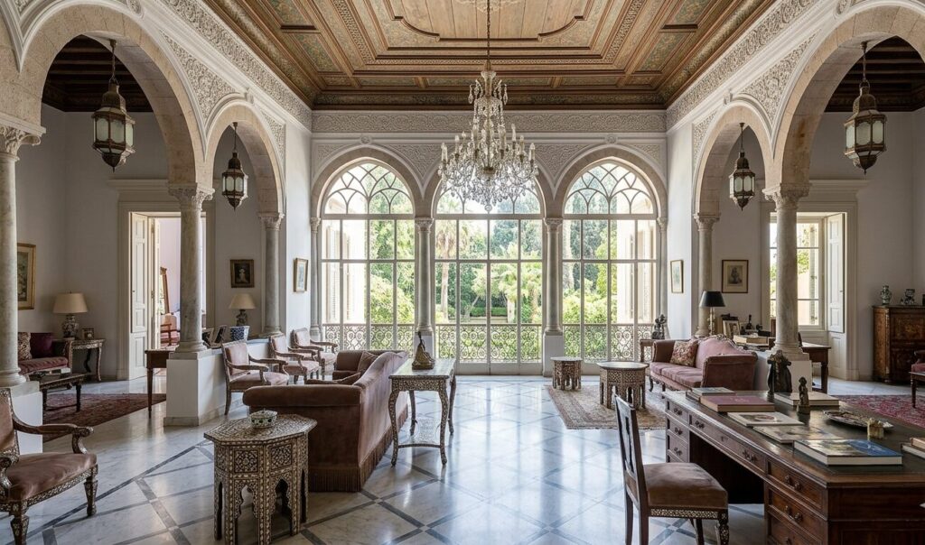 Recreating the splendor of Beirut lost mansions: original arched doors, marble flooring and Ottoman wooden panels