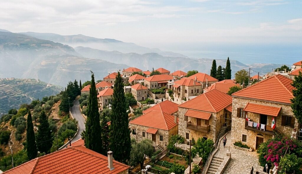 Red Tiled Roof Lebanese Village Heritage The red tiled roof covering traditional stone houses in a Lebanese mountain village, with Mediterranean cypresses and misty horizon