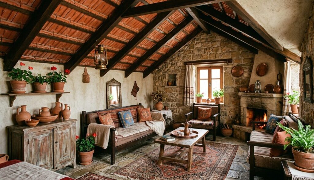Red Tiled Roof interior design inspiration in a Lebanese guesthouse Interior living room with exposed red tiled roof beams and terracotta accents, blending traditional Lebanese village decor