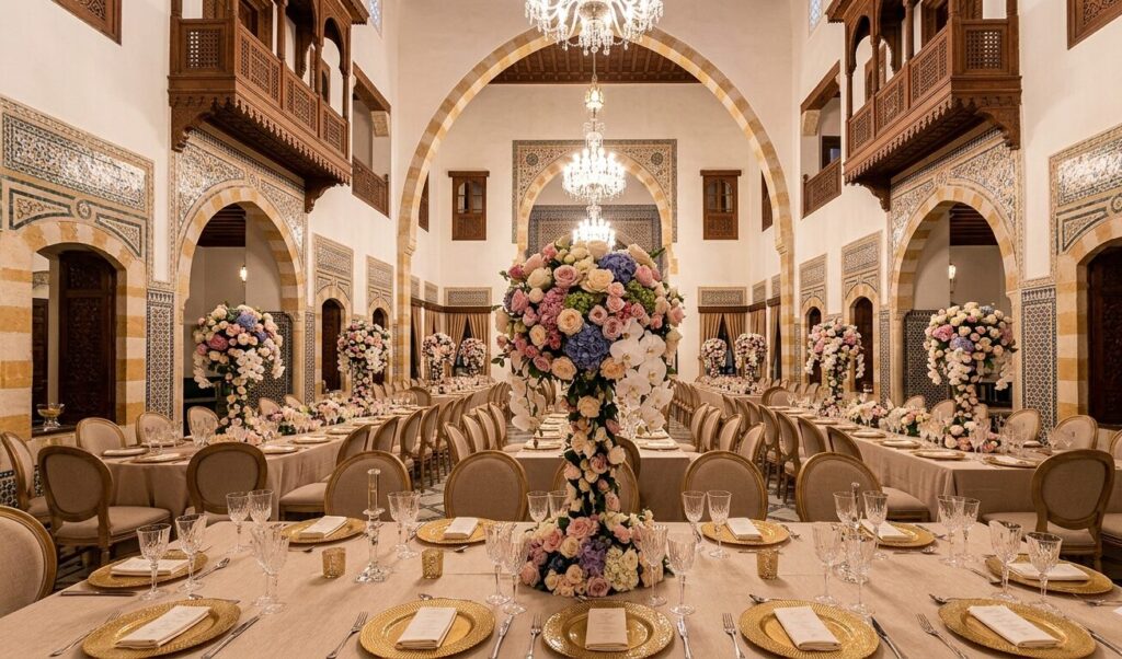 Lebanon historic grand hotels banquet setups with golden chargers, crystal stemware, and lavish floral centerpiece at a Beiteddine-style hall