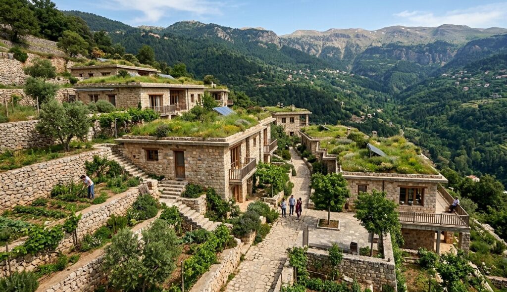  Eco-Village Architecture in Shouf region featuring stone terraces and green roof