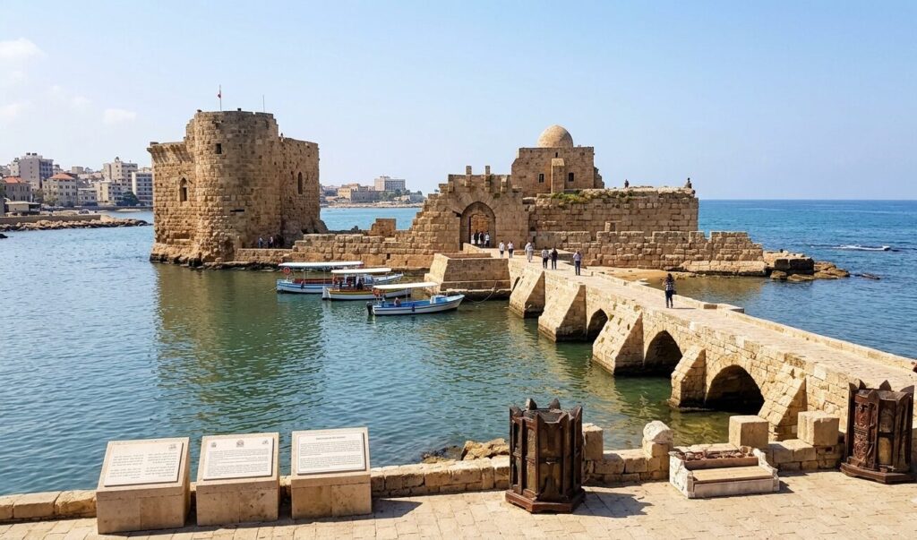 Sidon Sea Castle Geometry – limestone fortress by the sea Sidon Sea Castle geometry showing twin towers and arched causeway, medieval fort architecture inspiration for decor and tourism