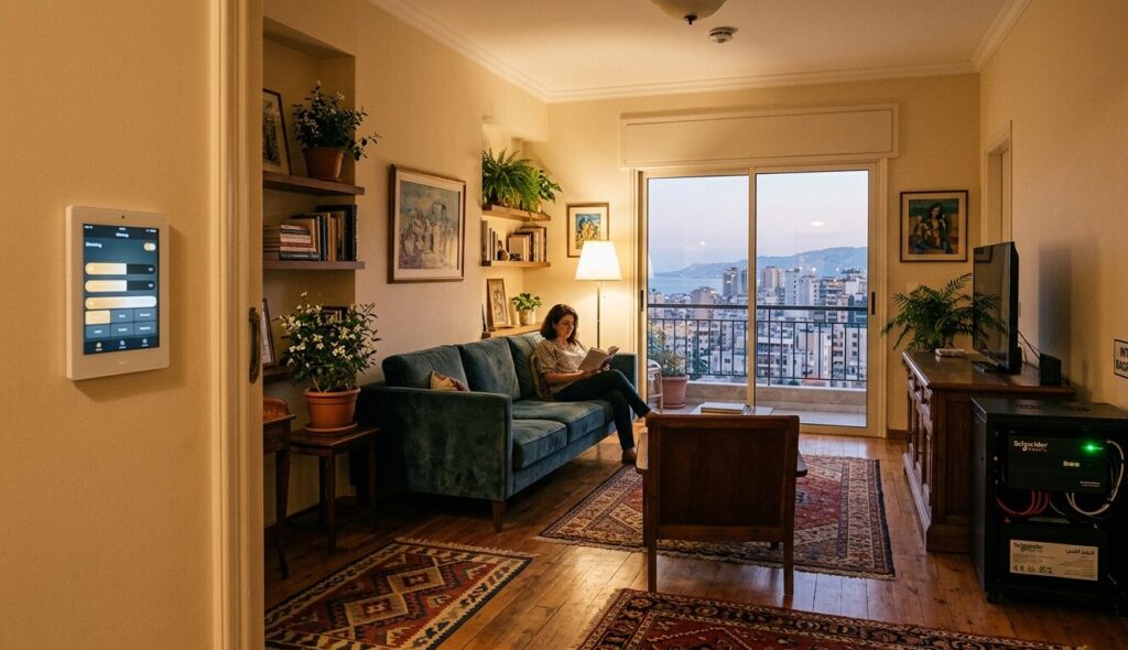 Smart lighting for Beirut homes elegant living room with dimmable warm LEDs and backup system