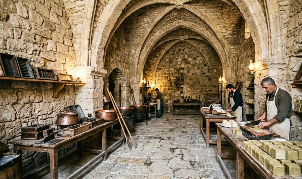 Soap Museum of Sidon ancient vaulted stone hall showing traditional soap production tools and limestone walls