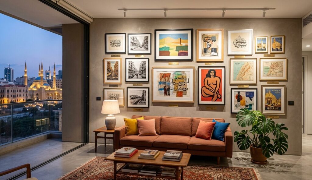 Art gallery wall with contemporary Lebanese art and vintage prints in a modern Beirut apartment interior