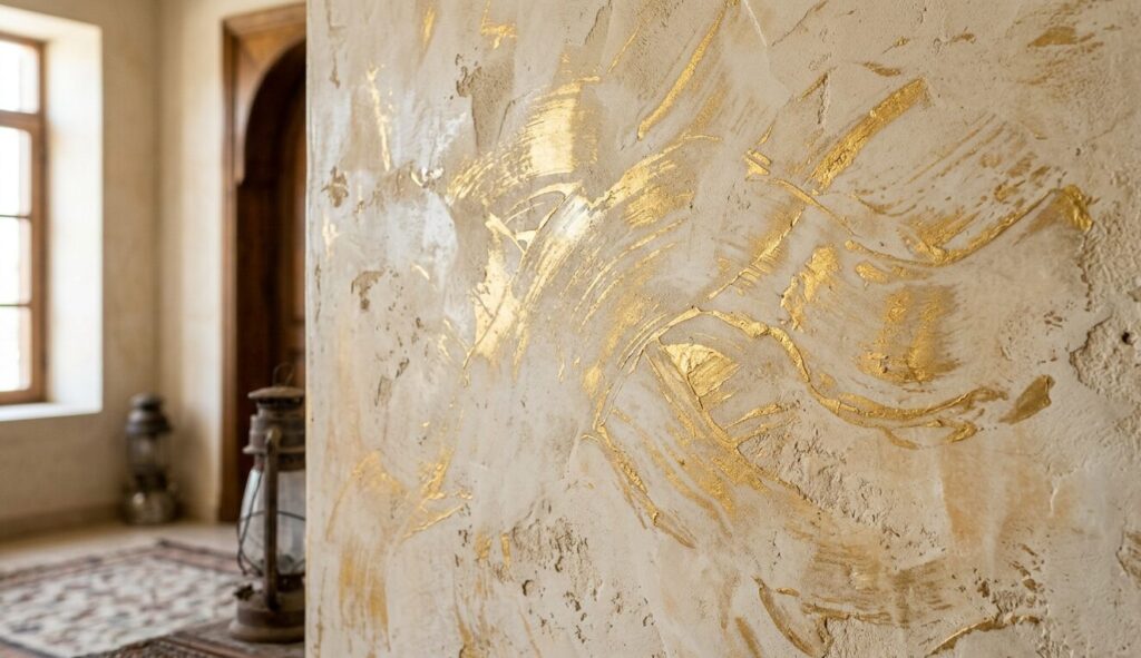 Texture close up: Venetian plaster in Lebanese homes brings old-world luxury Close up of Venetian plaster in Lebanese homes with golden trowel marks and lime finish