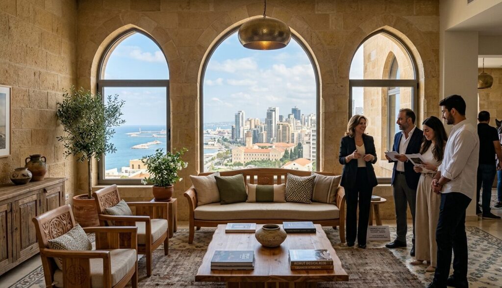 Top 10 Lebanese Interior Designers 2026 blending oriental decor with modern tourism spaces Top 10 Lebanese Interior Designers 2026 showcase a living room with arched windows, cedar wood furniture, and panoramic view of Beirut skyline