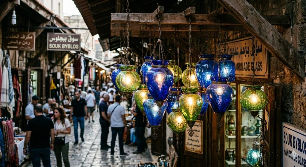 Lebanese handmade decor blown glass lanterns hanging in souk, warm light through cobalt blue and green shades