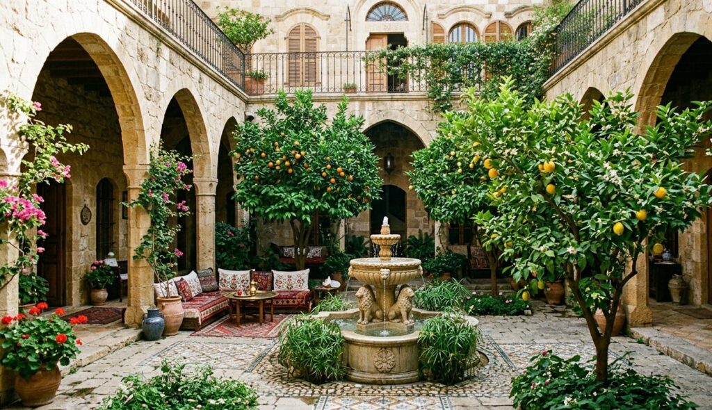 Lebanese courtyard: creating a private sanctuary at home with fountain, stone arches and citrus trees