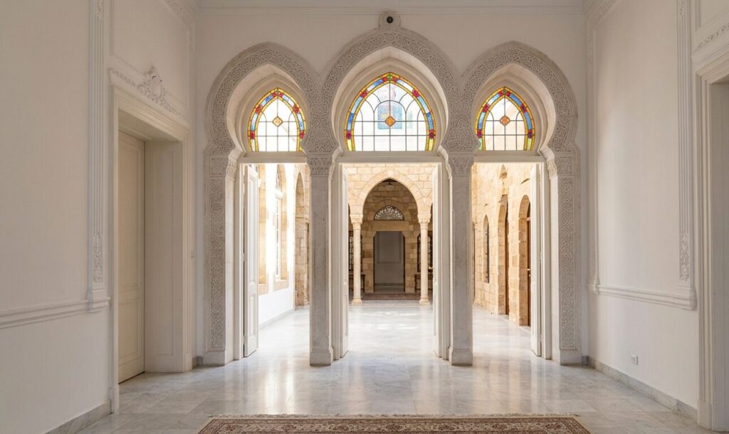 Light stone floor and arched doorway inspired by Sursock Museum architecture