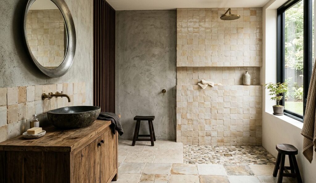 Wabi-sabi bathroom tile textures design inspiration for modern homes