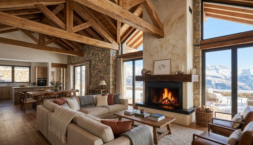 Warm minimalism inside Contemporary Chalets in Faraya Interior of Contemporary Chalets in Faraya featuring Venetian plaster fireplace and cedar wood beams