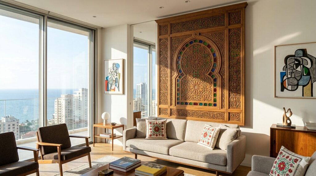 Modern apartment with intricate wooden panel