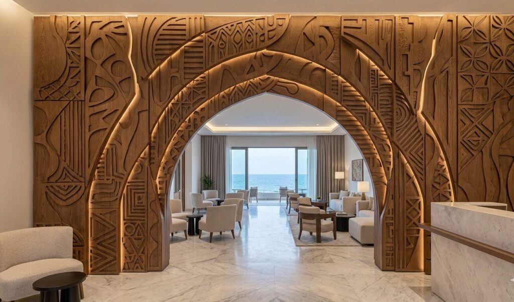 A luxury lobby in Batroun reimagines the triple arch through sculpted wooden panels, enhancing the guest's arrival experience.