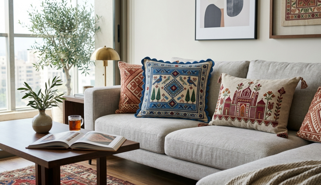 Grandmillennial Levantine embroidery pillows